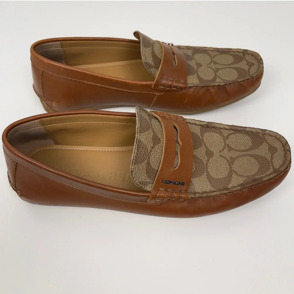 COACH Mott‎ Driver Loafers Khaki Brown Signature Jacquard Leather Mens 7D Career